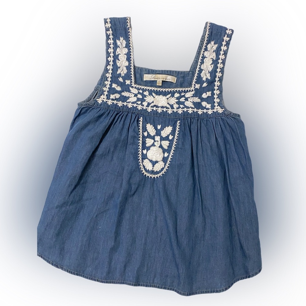 Lovers + Friends Blue Denim Sleeveless Tank Top with White Embroidery Women’s XS